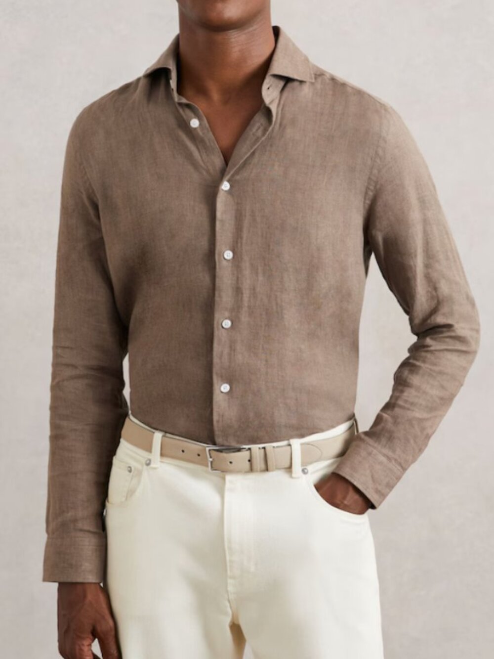Reiss Taupe Brown Linen Cutaway-Collar Regular-Fit Shirt in Medium